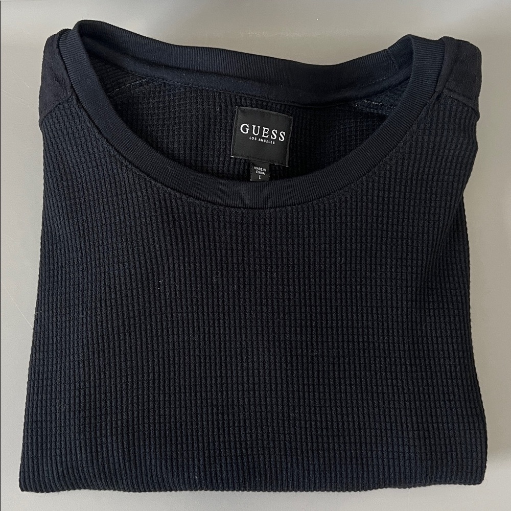 Guess Waffleknit Long Sleeve Shirt Quilted Shoulders Black Size Large